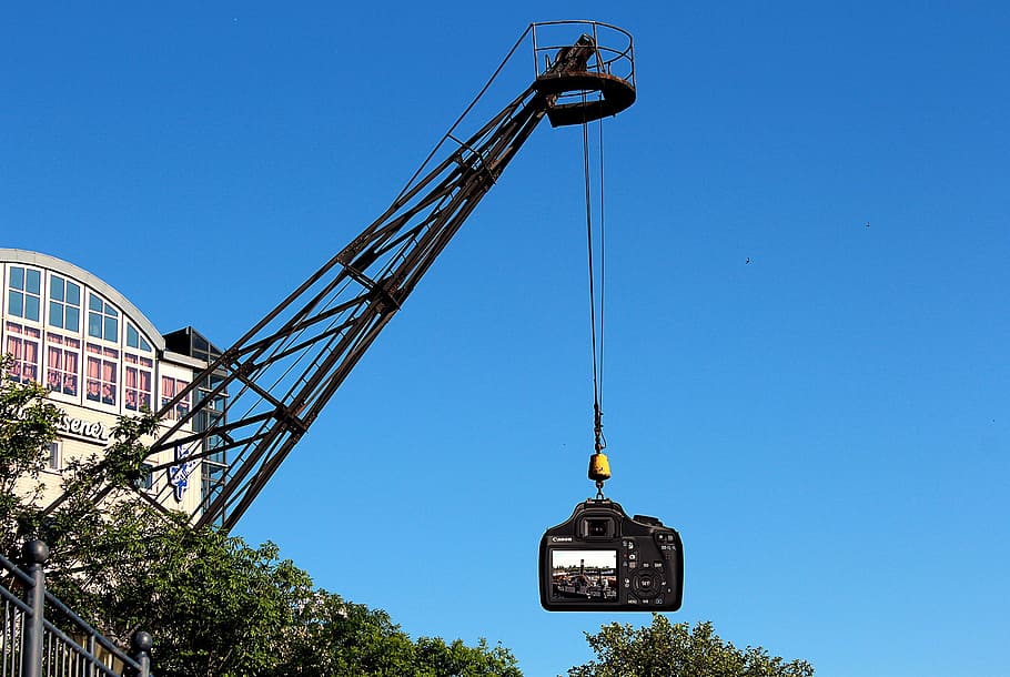crane, port, camera, low angle view, sky, nature, clear sky HD wallpaper
