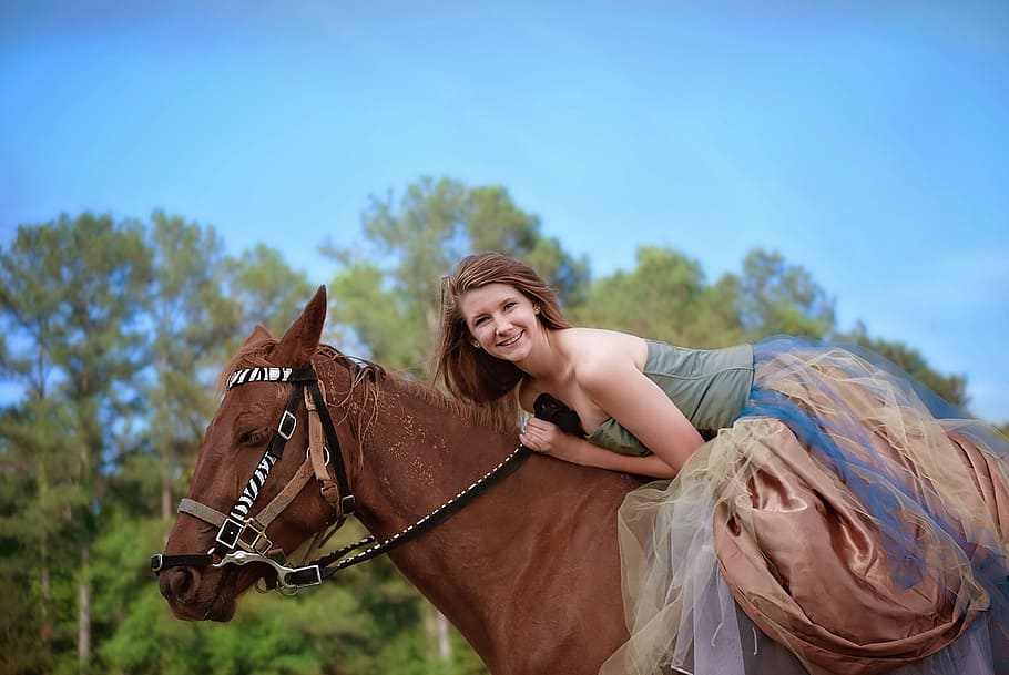 woman in green and brown dress riding horse, girl, animal, female, HD wallpaper