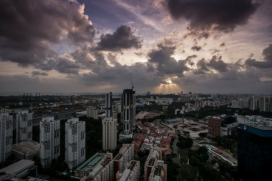 aerial view of high-rise building lot, ray, cloud, sunset, sky HD wallpaper