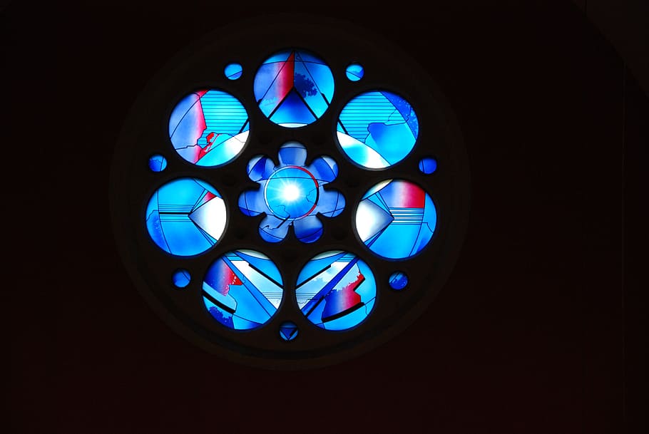church window, modern, light, blue, color, illuminated, circle HD wallpaper