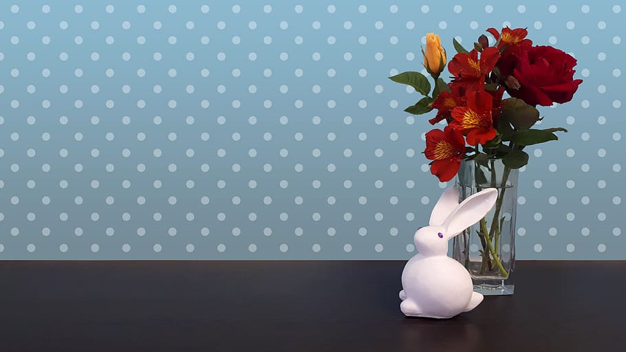 easter, bunny, rabbit, flowers, spring, pet, white, animal HD wallpaper