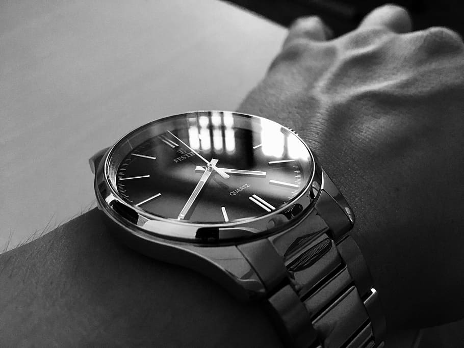 wristwatch, bw, hand, black, white, festina, clock, time, steel
