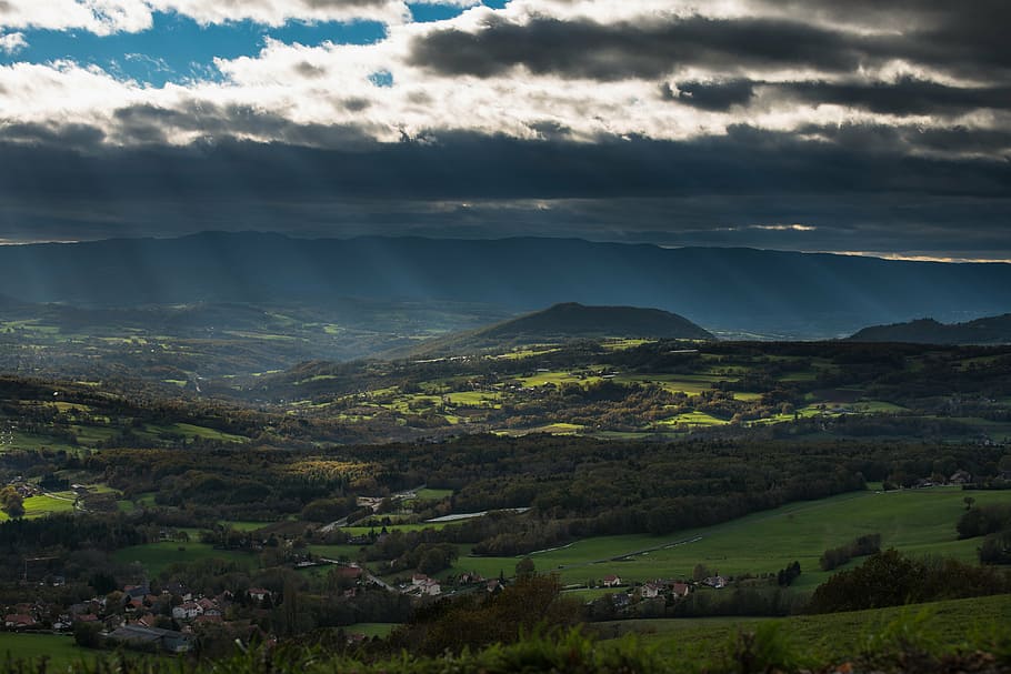bird's-eye view of mountains, green, blue, sky, grass, highland HD wallpaper