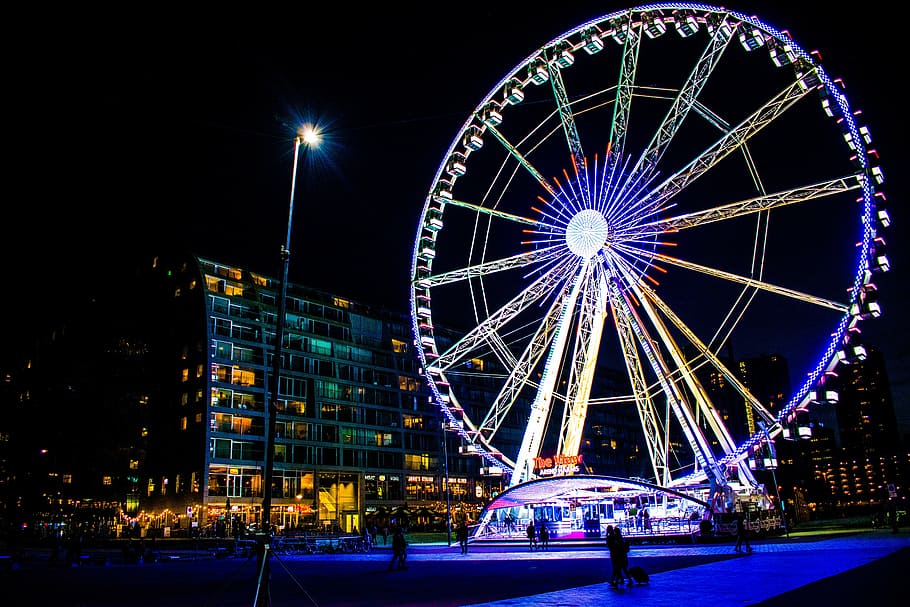 rotterdam, construction, ferris, big, wheel, night, illuminated HD wallpaper
