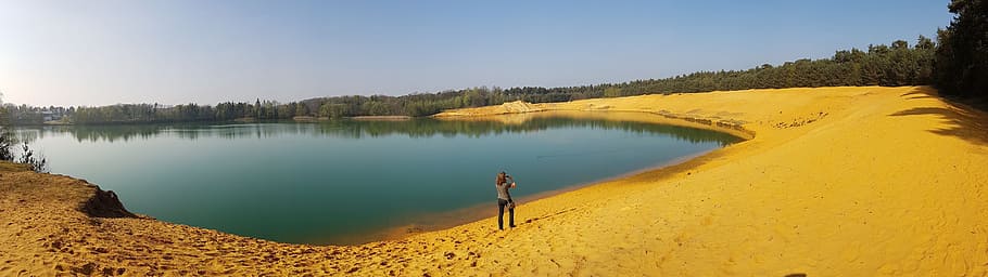 Wallpaper, Dual Screen, Lake, Beach, sand, yellow, water, nature