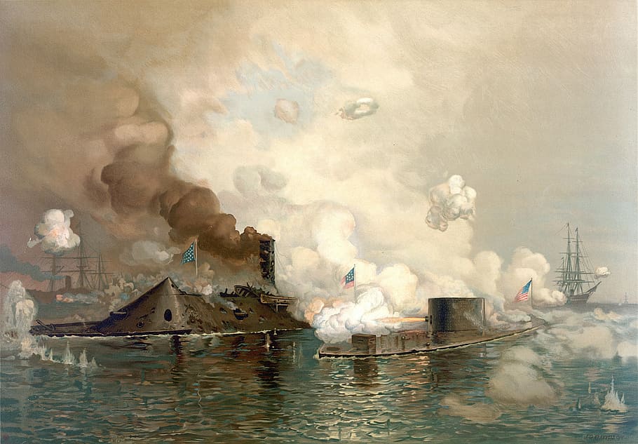 Ironclads clashing in the Battle of Hampton Roads, American Civil War