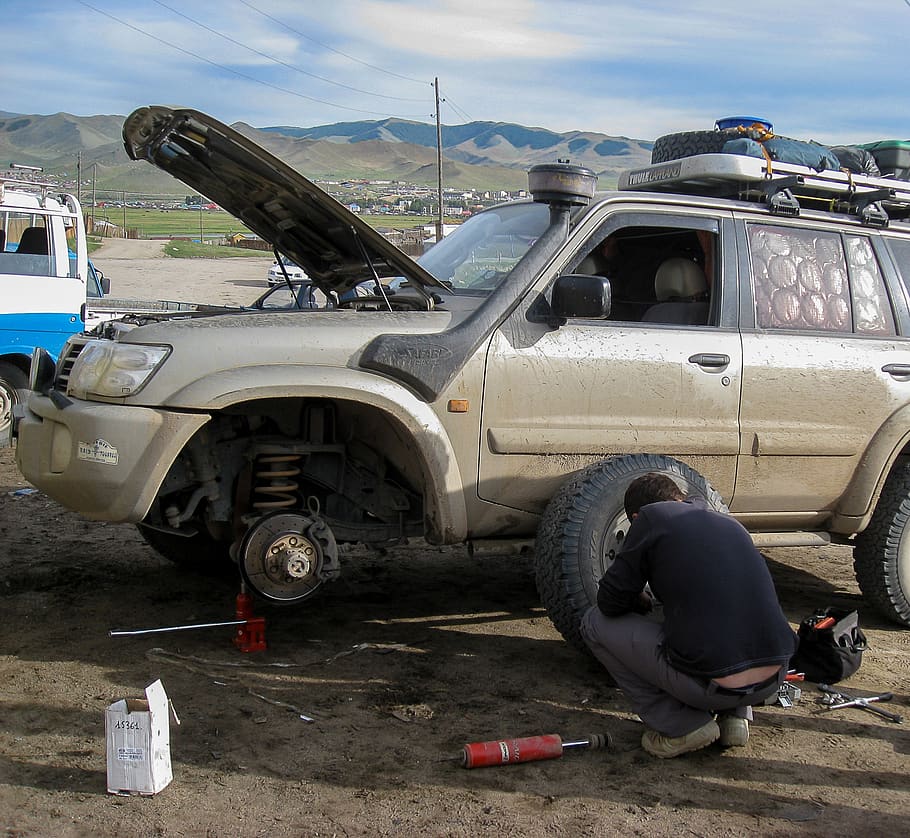 mongolia, breakdown, garage, wheels, damper, mode of transportation HD wallpaper