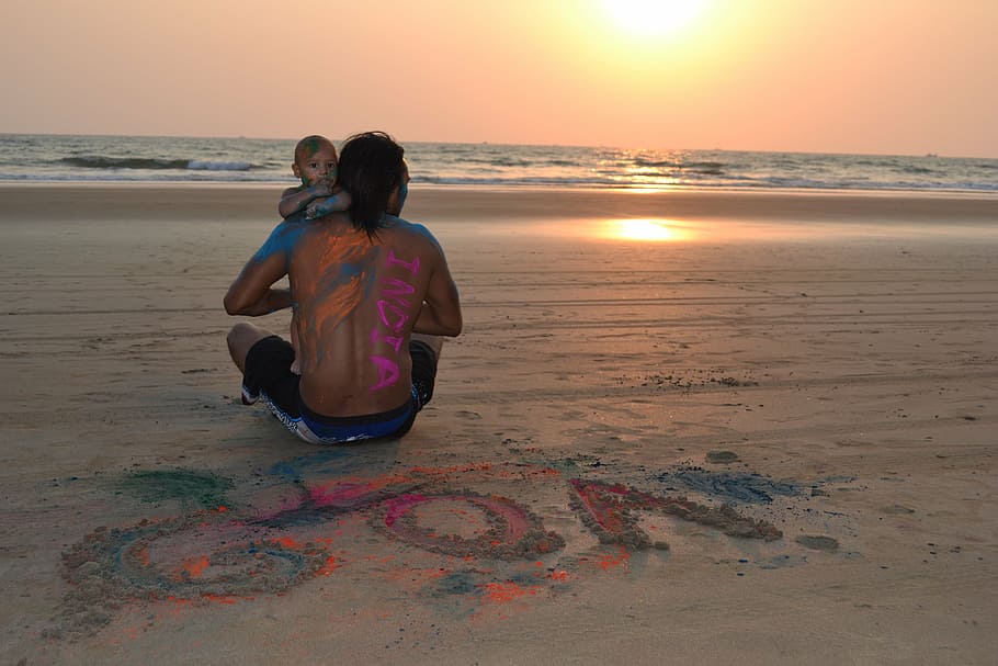 goa, summer, vacation, nature, ocean, beach, sea, father, son HD wallpaper