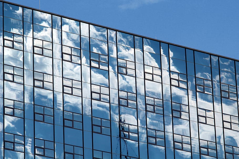 office building, the clouds, reflection, mirror, blue, building exterior HD wallpaper
