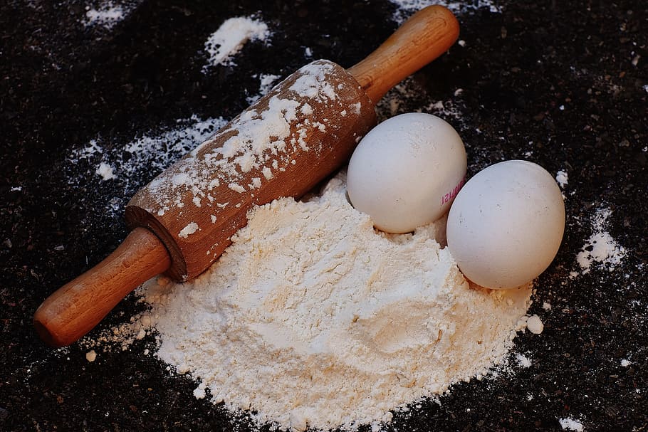 flour, rolling pin and two eggs next to each other, Bake, ingredients HD wallpaper