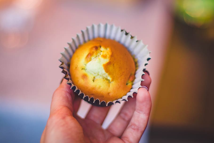 Person Holding Muffin, baking, blur, bokeh, breakfast, cake, close-up HD wallpaper