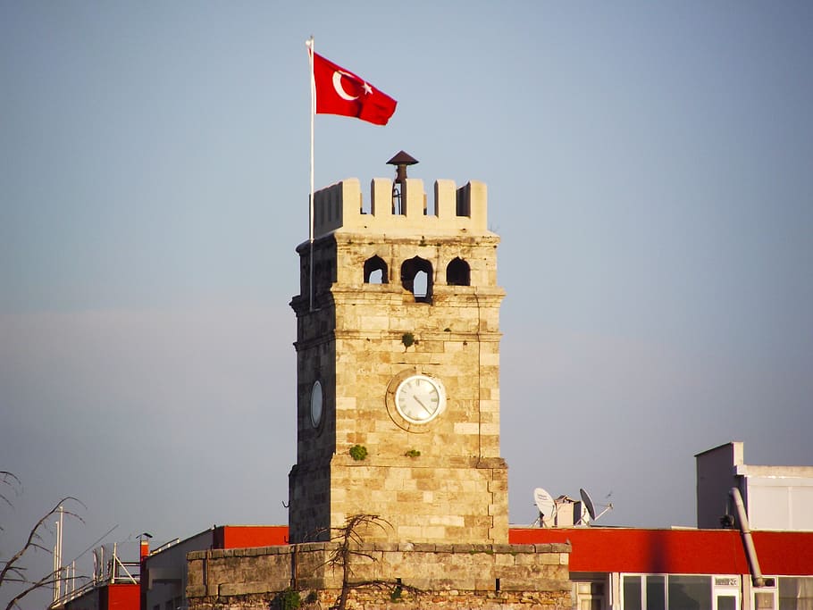 antalya, clock tower, flag, sky, architecture, built structure HD wallpaper