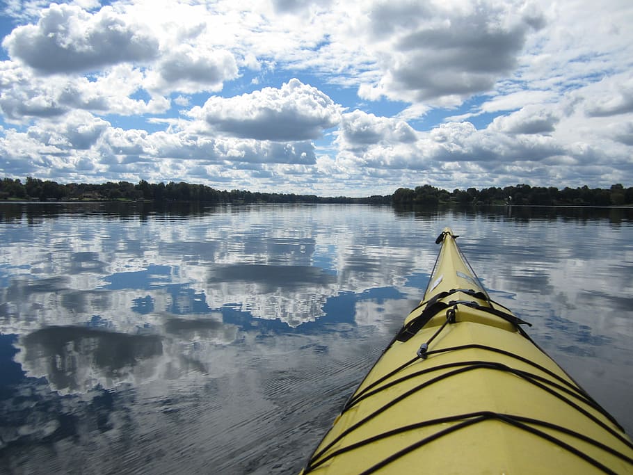 Kayak, Clouds, Reflection, Lake, Sukkot, moss lake, sky, kayaking, HD wallpaper