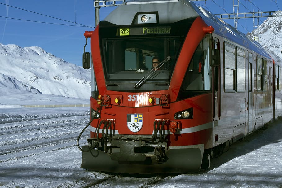 Train, Pull, St Moritz, Bernina, red, panoramic, snow, winter HD wallpaper