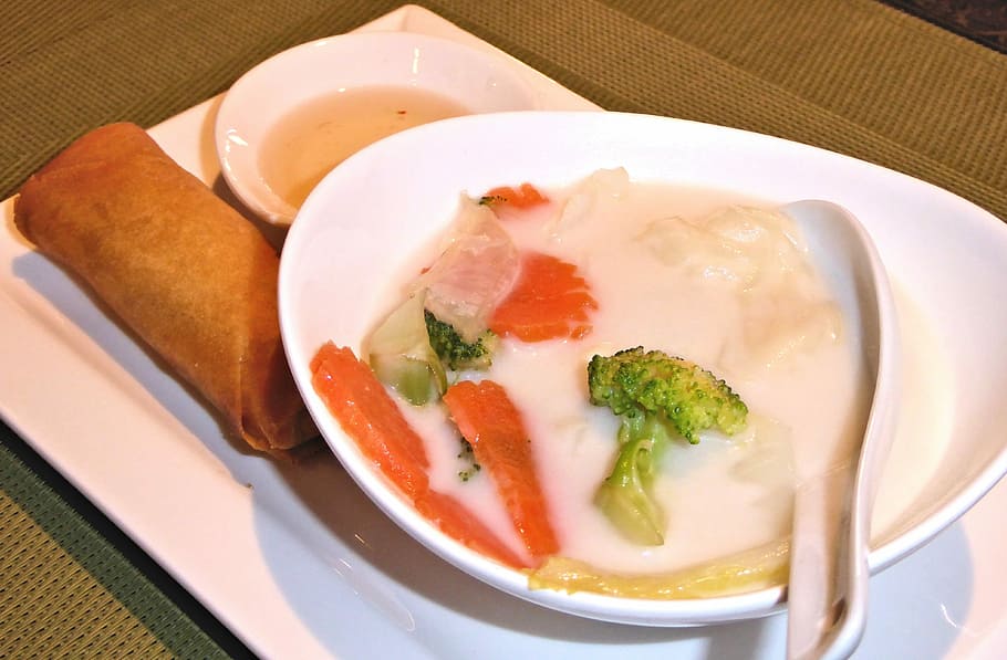Coconut Thai Soup, Vegetable Spring Roll, savory, food, food and drink