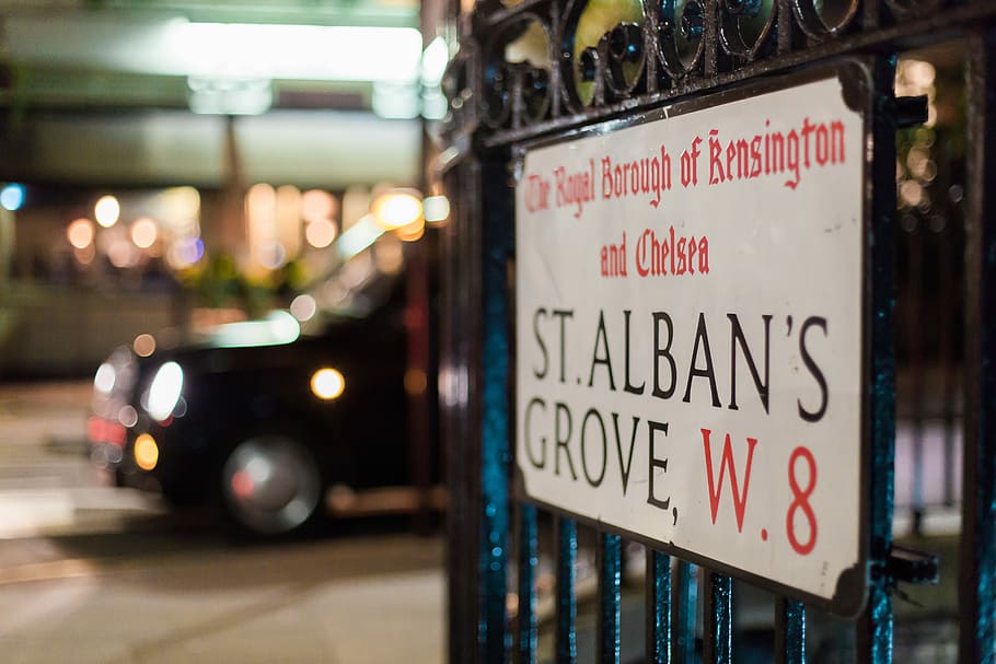 white St. Alban's Grove W.8 signage, St. Alban's Grove metal sign