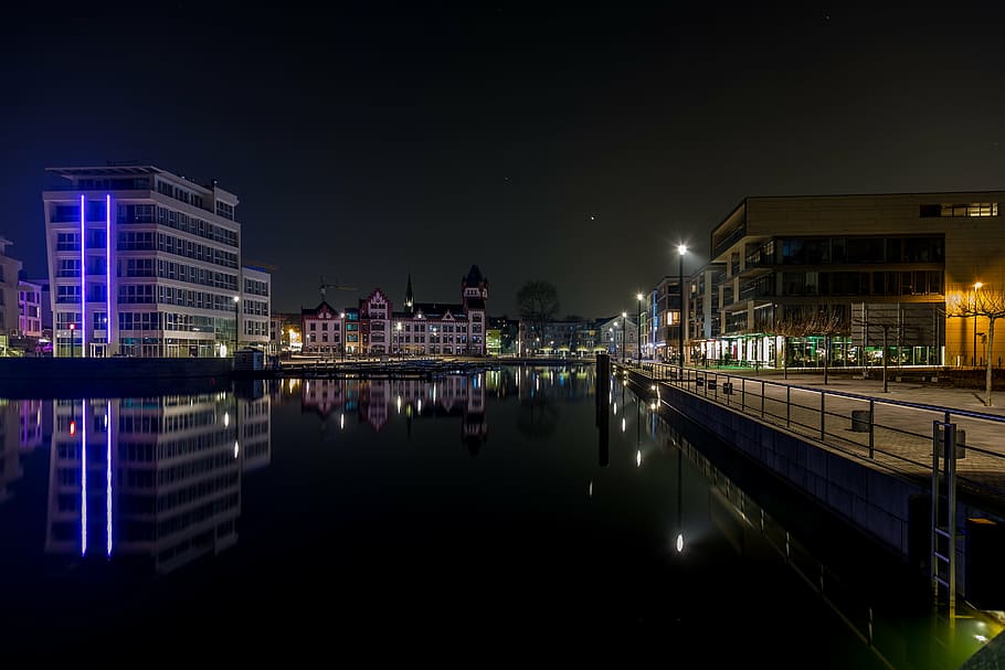 night, dortmund, phoenix lake, reflections, light, dark, night photograph, HD wallpaper