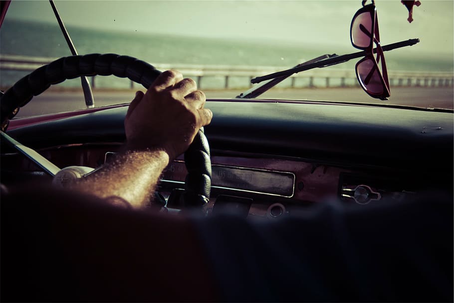 man driving near sea, lomo, photography, person, car, steering wheel
