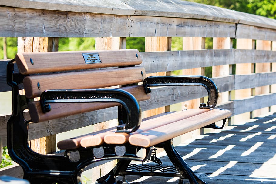 bench, empty, summer, bridge, park, nature, sunny, outdoor HD wallpaper