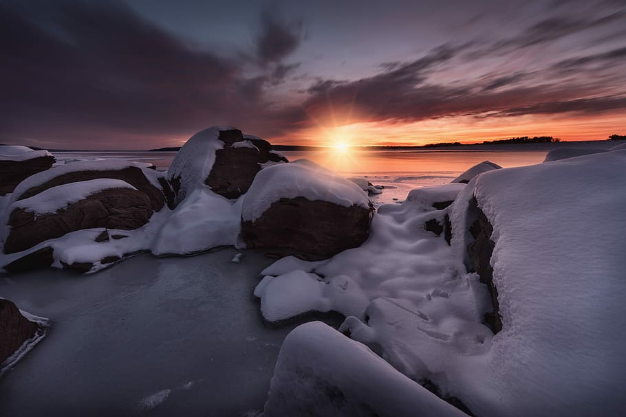 silhouette of snow capped rocks, rock covering with snow, lake HD wallpaper