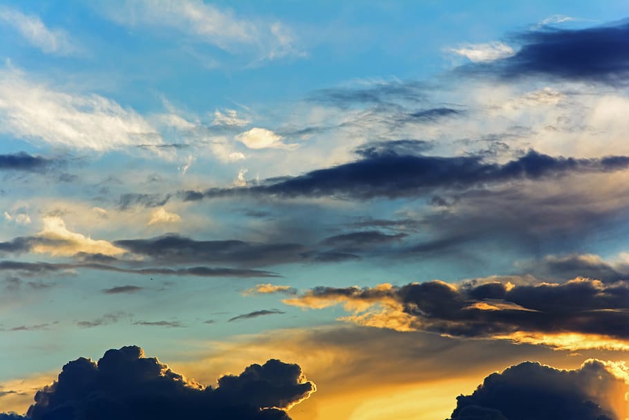 sky, clouds, sunset, evening sky, spotlight, landscape, nature HD wallpaper