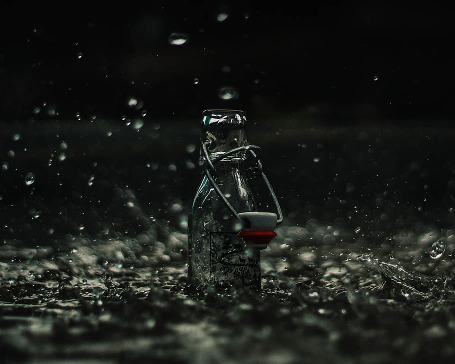 photo of clear glass bottle during rain, water, splash, puddle, HD wallpaper
