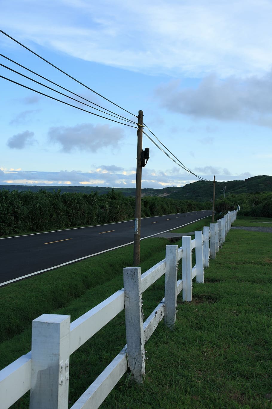 road, railings, electric post, sky, cloud - sky, plant, grass HD wallpaper