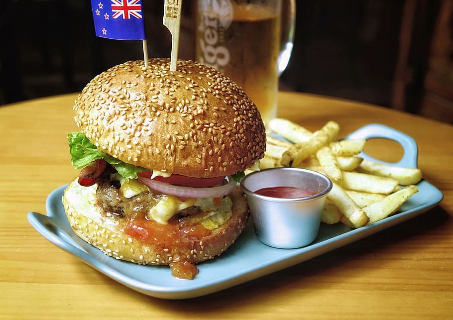 burger with fries and dipping sauce on tray, beef, hamburger HD wallpaper