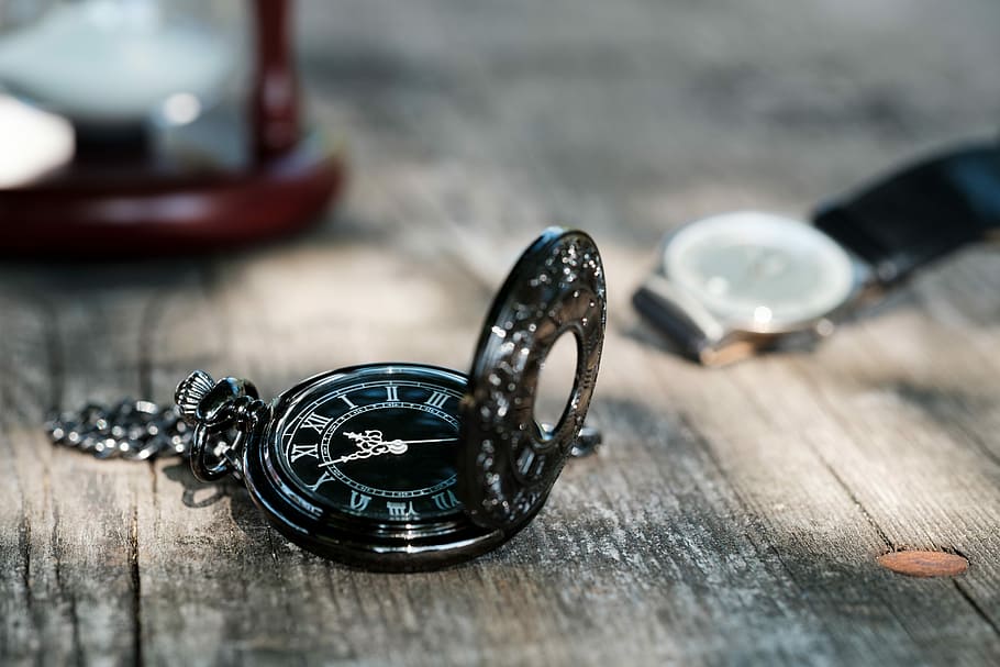 silver-colored pocket watch on wooden board, clock, time, timepiece HD wallpaper