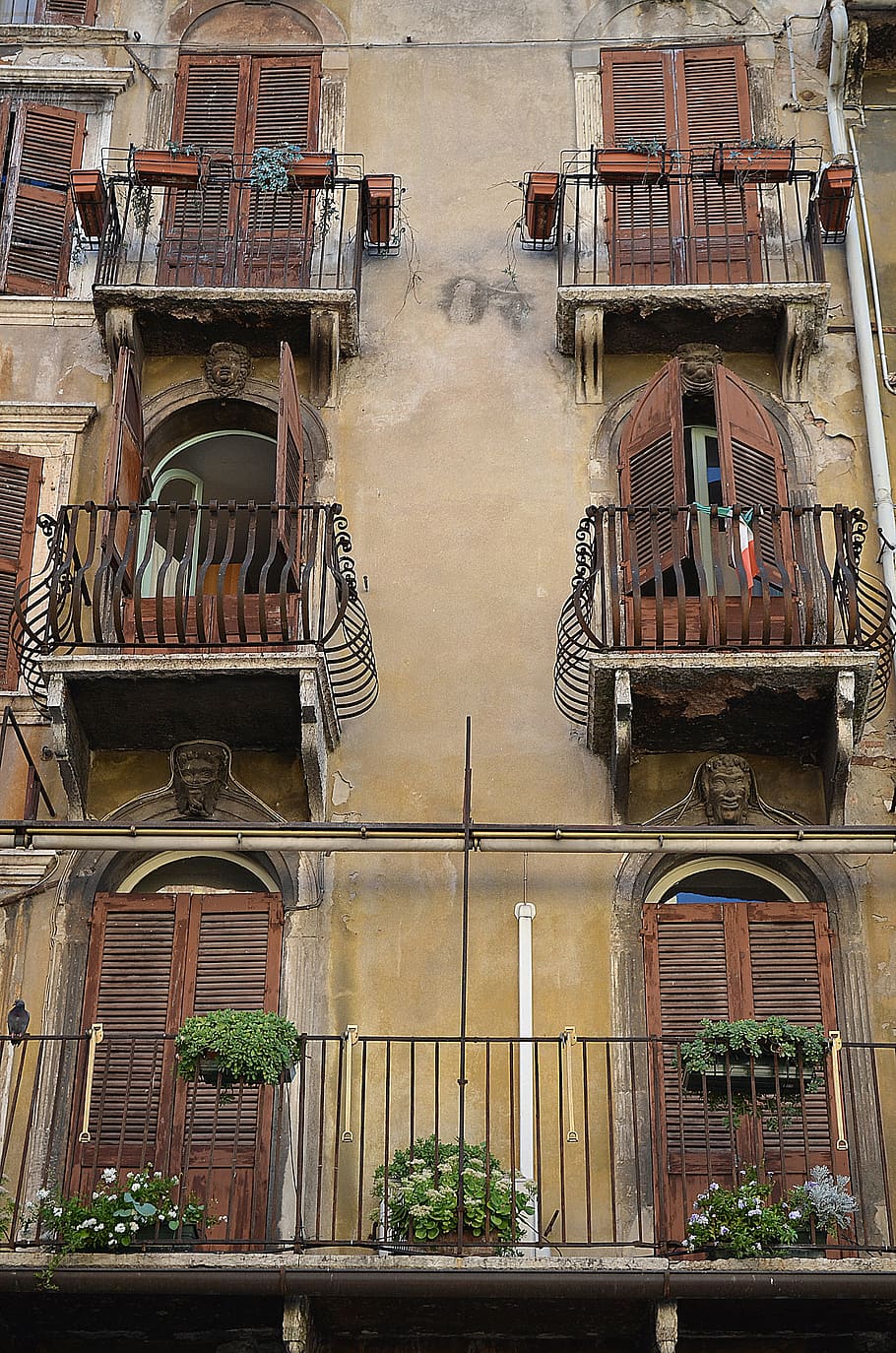 balconies, balcony, italy, verona, typical italian, flower boxes