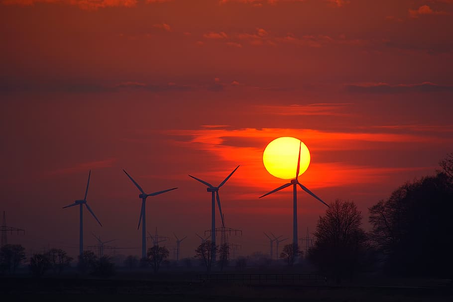 setting, energy, sunset, mood, backlighting, wind power, environmental technology HD wallpaper