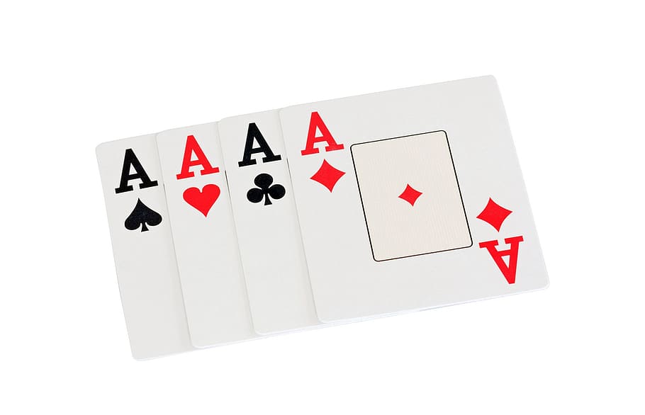 four Aces playing cards, diamonds, hearts, clubs, spades, red