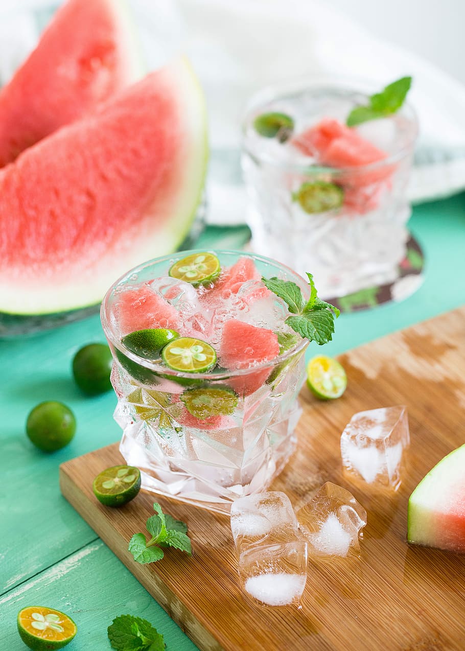 sliced watermelon with lemon on shot glass, cold beverages with water melon, HD wallpaper