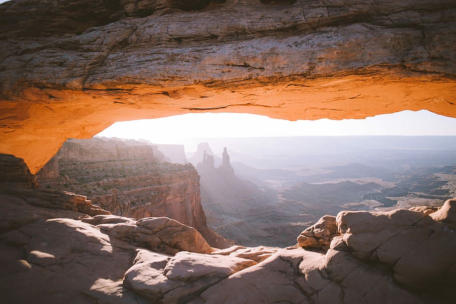 brown canyon during daytime, top view at the cave, rock, mountain HD wallpaper