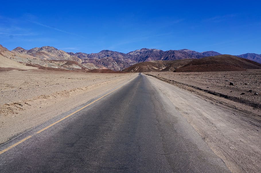 pathway thru mountains, gray concrete pavement, track, road, dust HD wallpaper