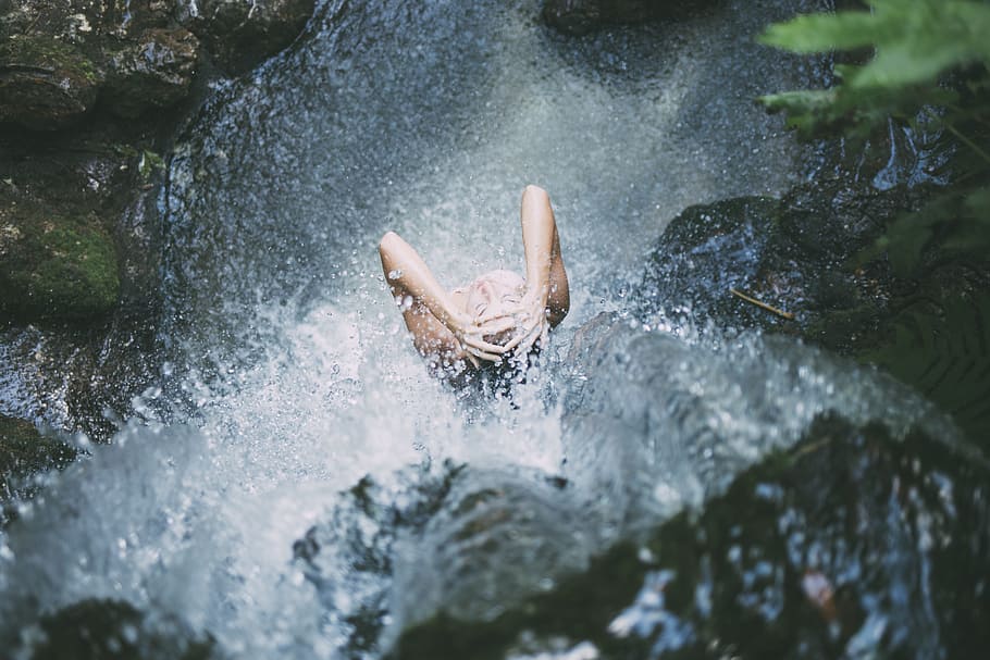 time laps photography woman standing in waterfalls, action HD wallpaper
