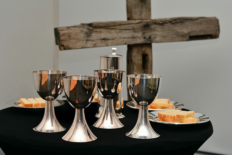 four silver goblets, last supper, the bread and wine, eucharist chalice