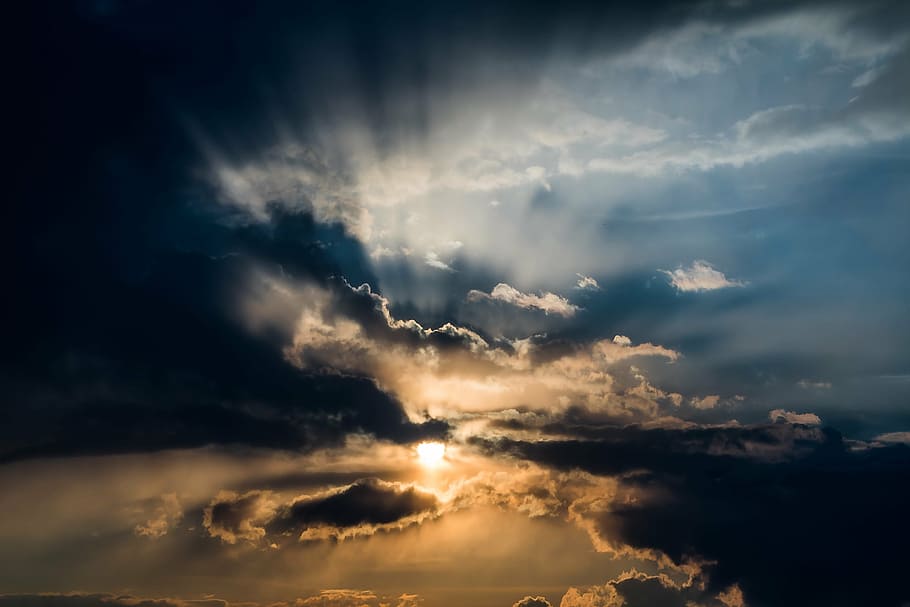 aerial shot of sky during daytime, sun, sunset, sunbeam, dark clouds HD wallpaper
