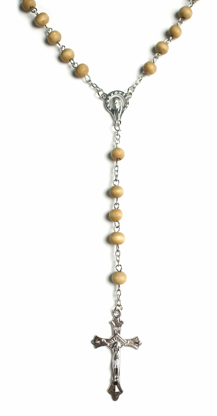 closeup photo of beaded brown silver-colored rosary, wooden rosary