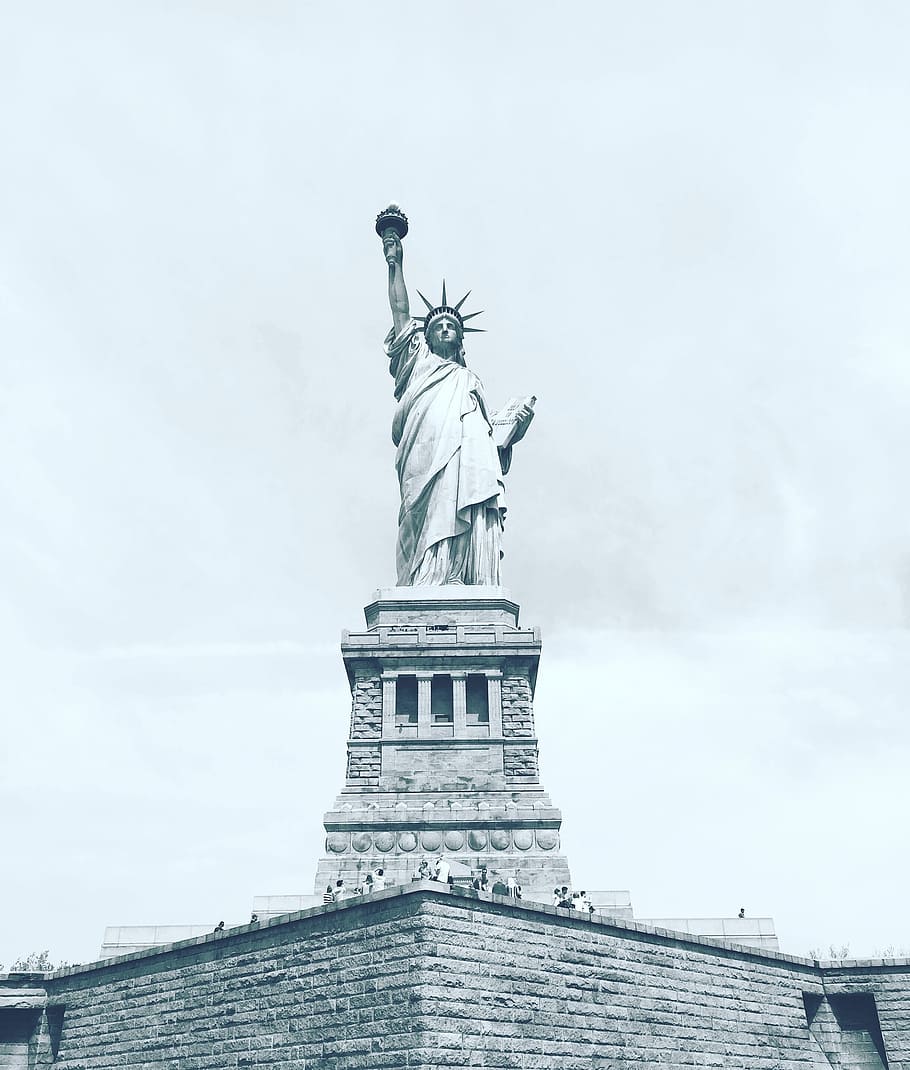 liberty, statue, blue, sky, clouds, sculpture, usa, wall, people HD wallpaper