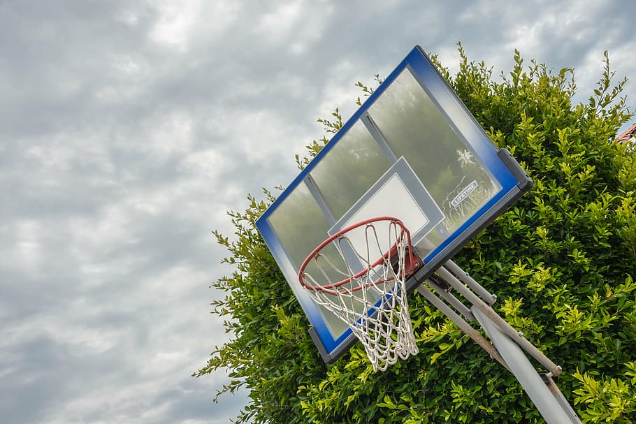 blue and white basketball system, basketball ring, clouds, activity HD wallpaper