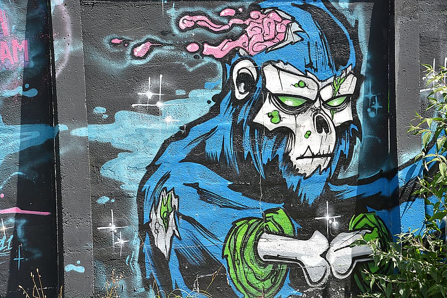 painting of blue and green monkey, fresco, graffiti, city, painted walls