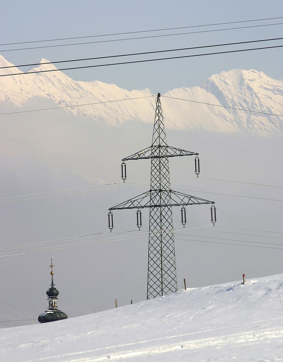 current, steeple, strommast, energy, winter, power poles, electricity HD wallpaper