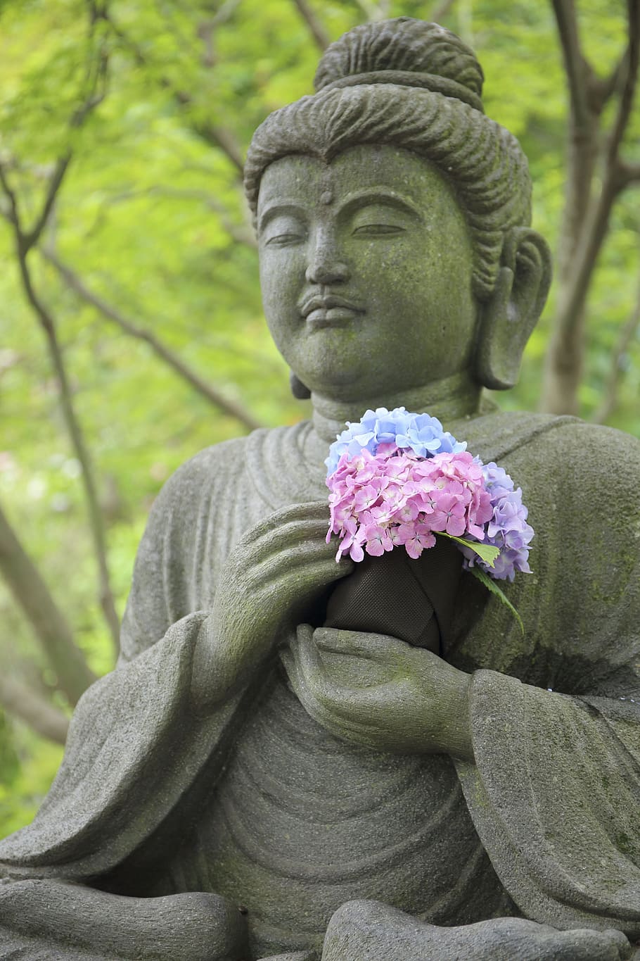 statue, art, design, buddha, flower, pink, blue, violet, autumn HD wallpaper
