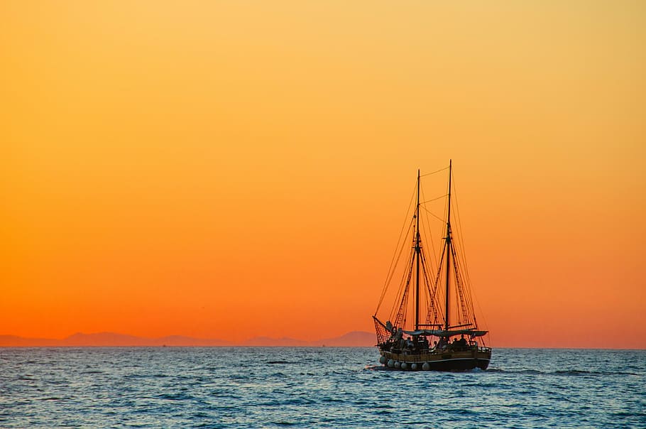 silhouette photo of boat with background of mountain, sea, sailing vessel HD wallpaper