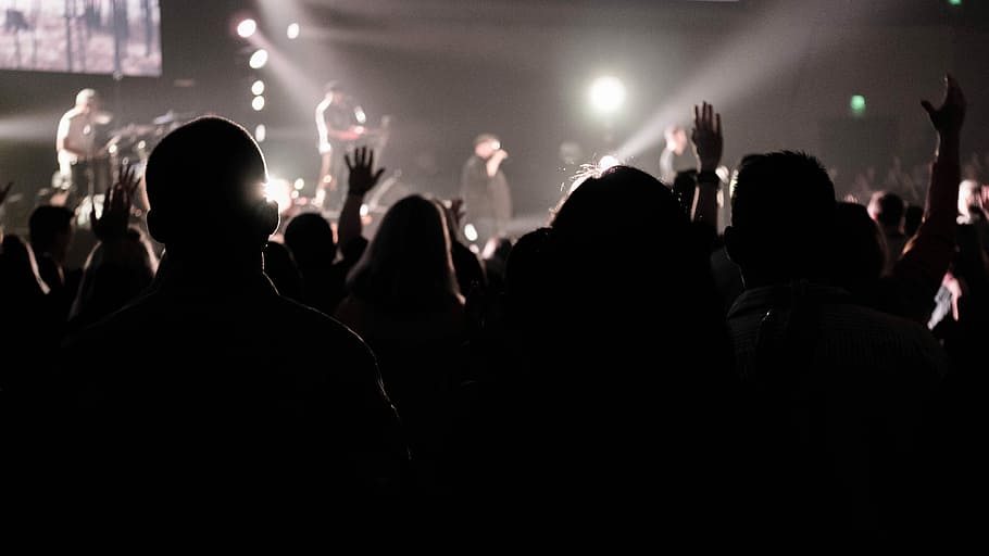 silhouette of crowd watching live band concert, group of people watching live band HD wallpaper