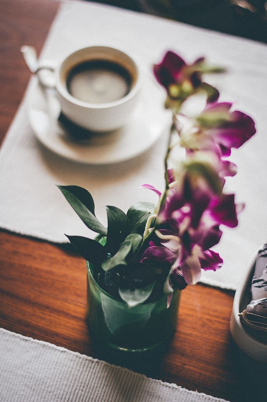 red orchid arrangement, dining, table, coffee, blur, flower HD wallpaper