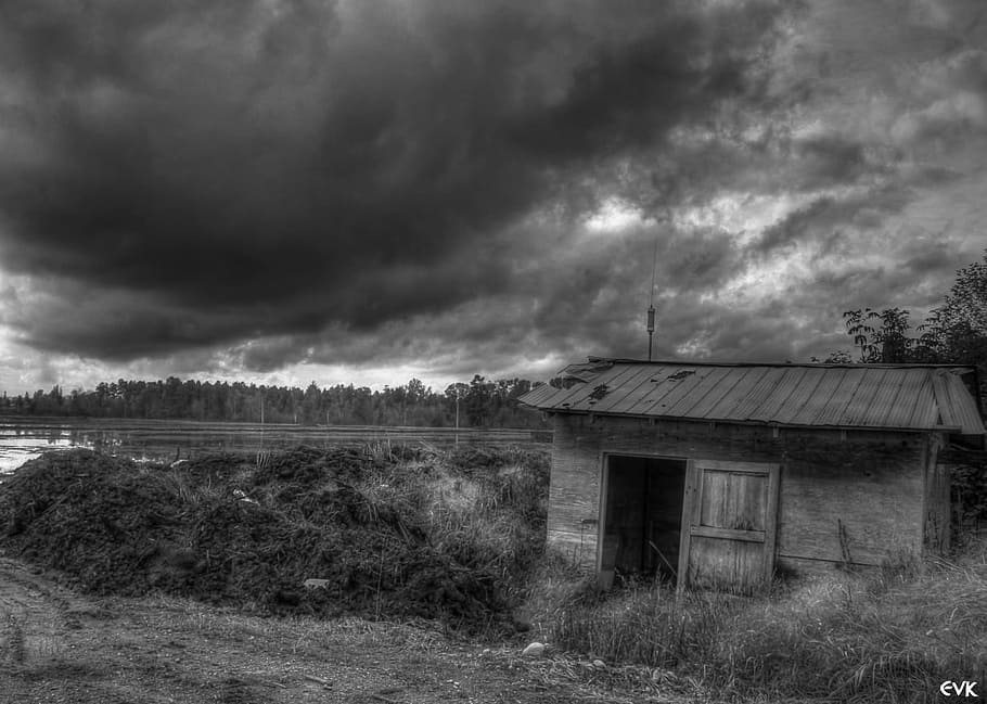 Shed, Farm, Clouds, White, Rural, black, country, black And White HD wallpaper