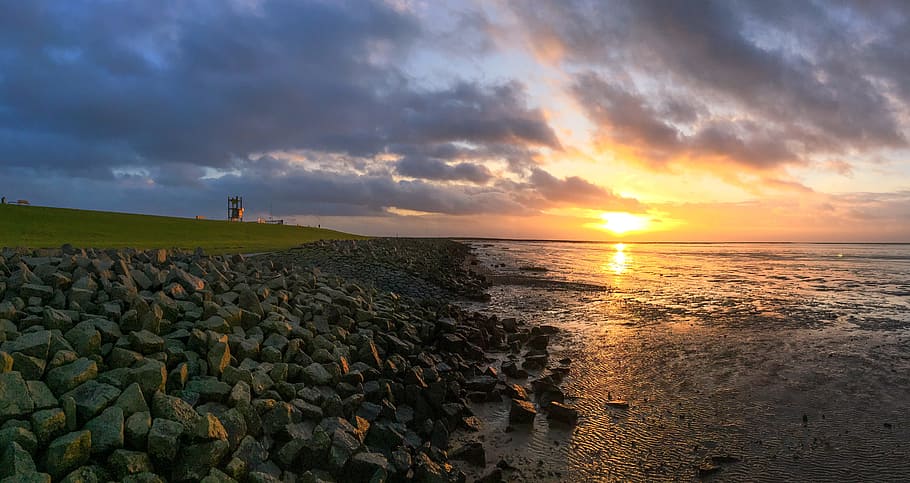 nature, panorama, sunset, sky, waters, noordsee, dike, sea HD wallpaper