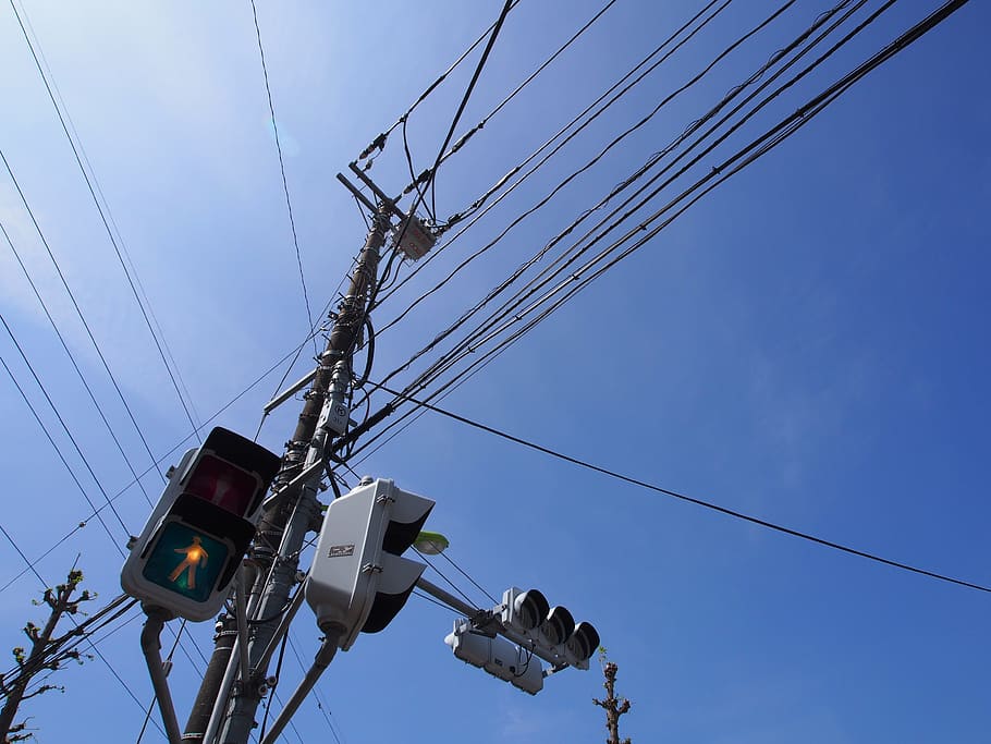 sky, electric cable, pole, japan, signal, low angle view, electricity HD wallpaper